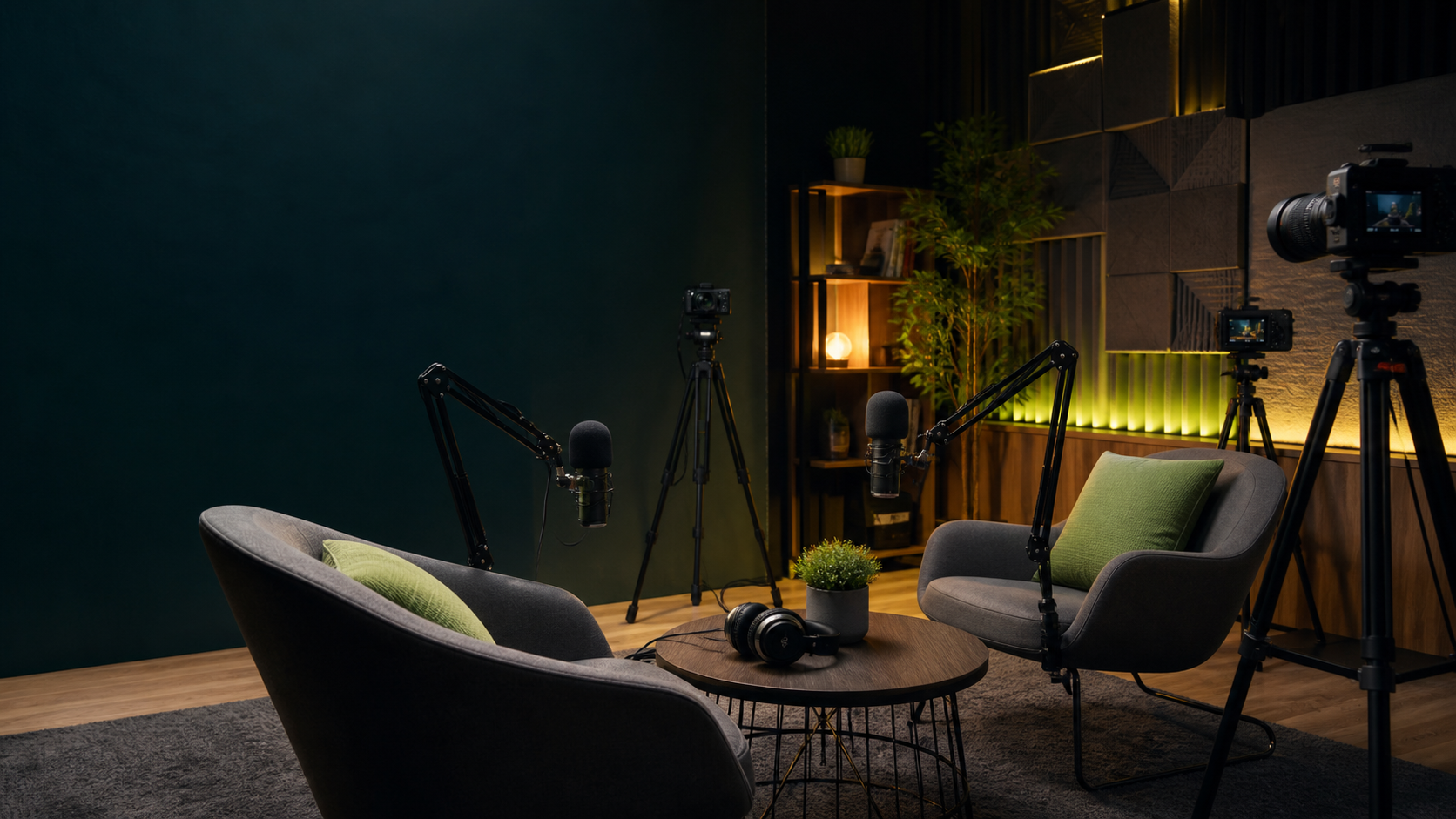 Profesionalno opremljen podcast studio sa mikrofonima, kamerama i akustičnim panelima